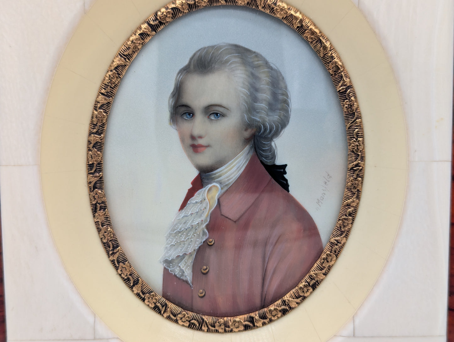 Lupenmalerei W. A. Mozart feine Porträt Miniatur im Rahmen Bild