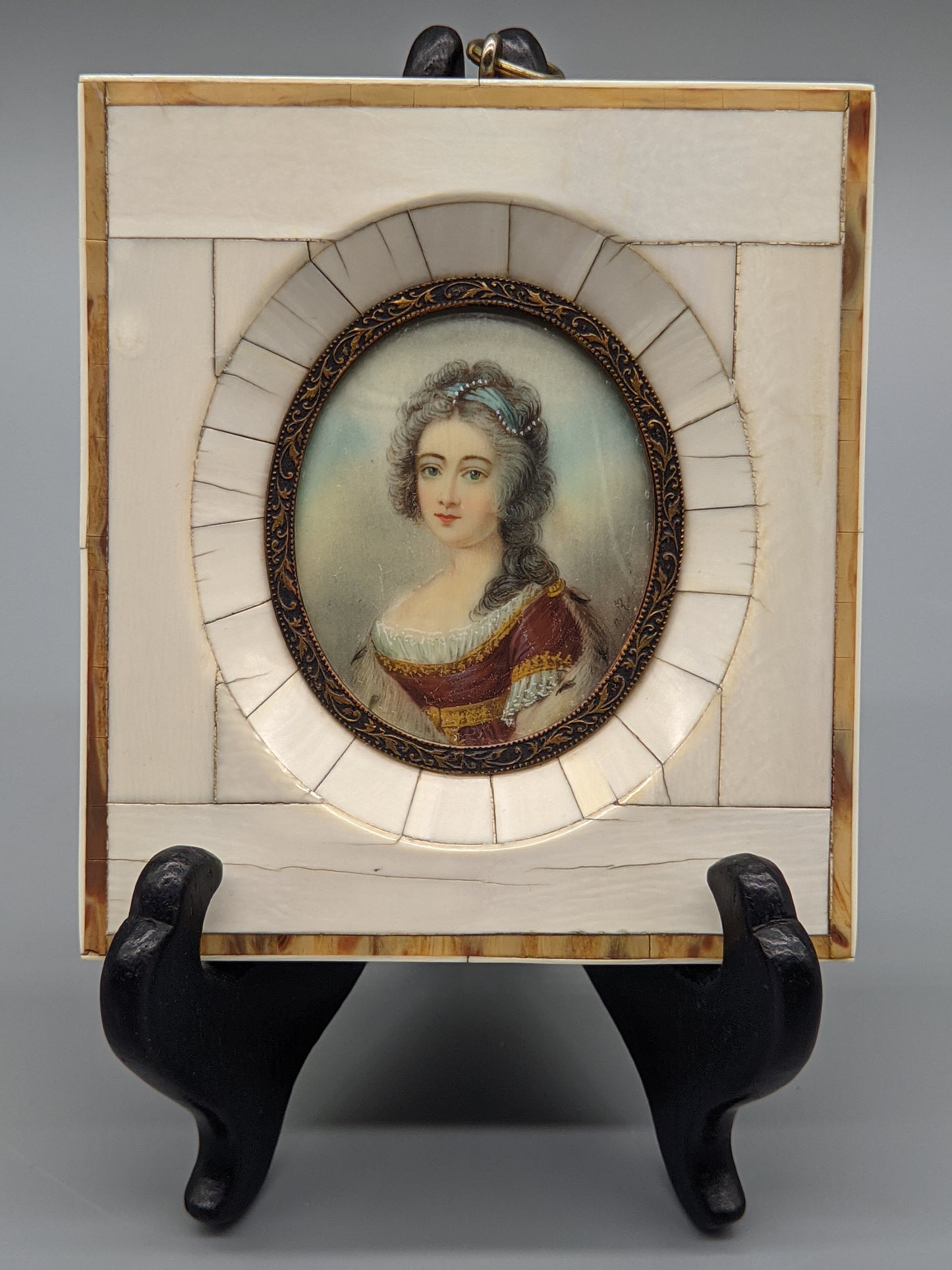 Antike Miniature Malerei Portrait einer Dame im Mosaikrahmen