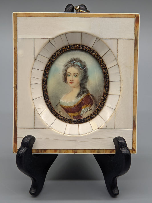 Antike Miniature Malerei Portrait einer Dame im Mosaikrahmen