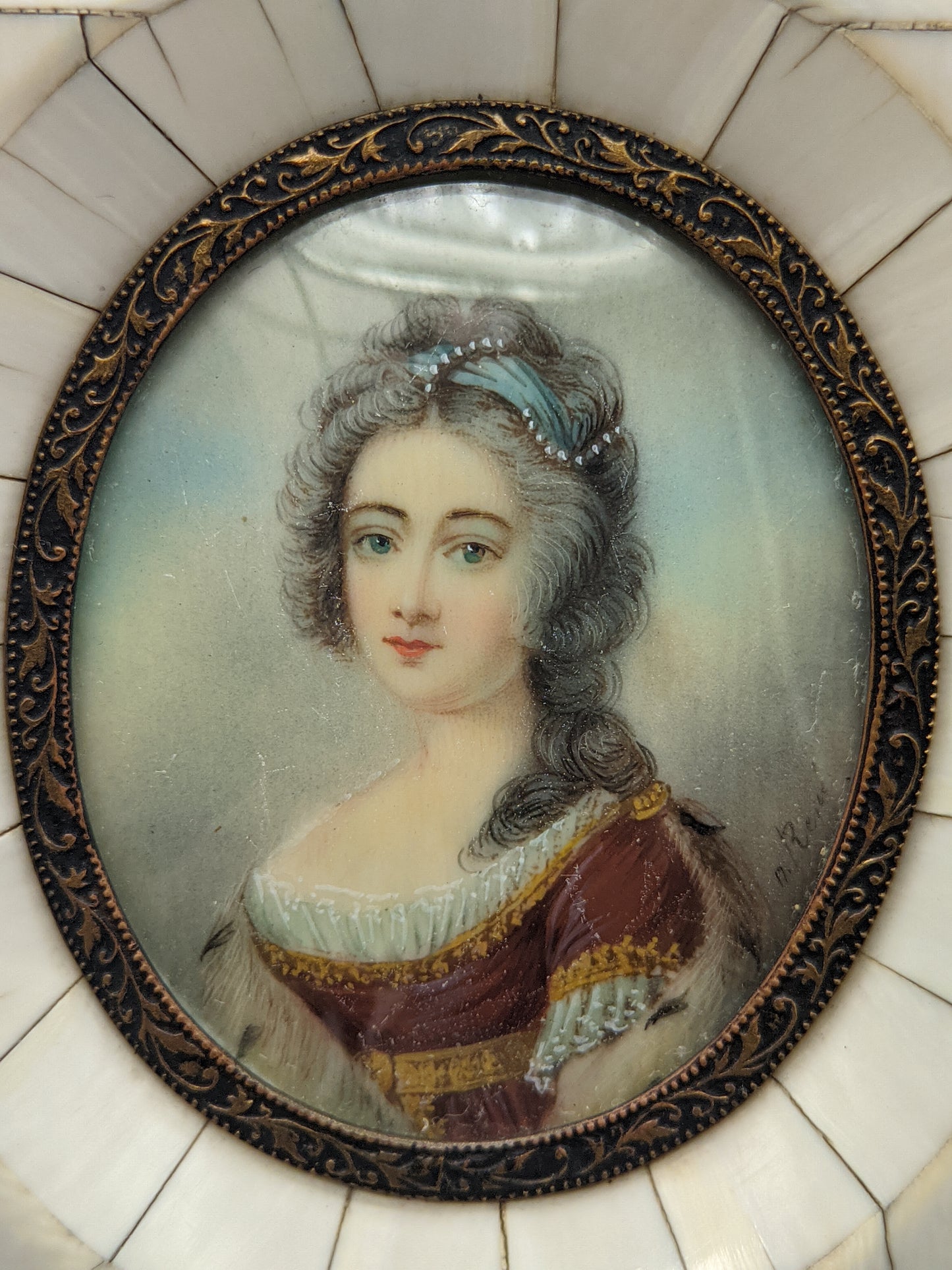 Antike Miniature Malerei Portrait einer Dame im Mosaikrahmen