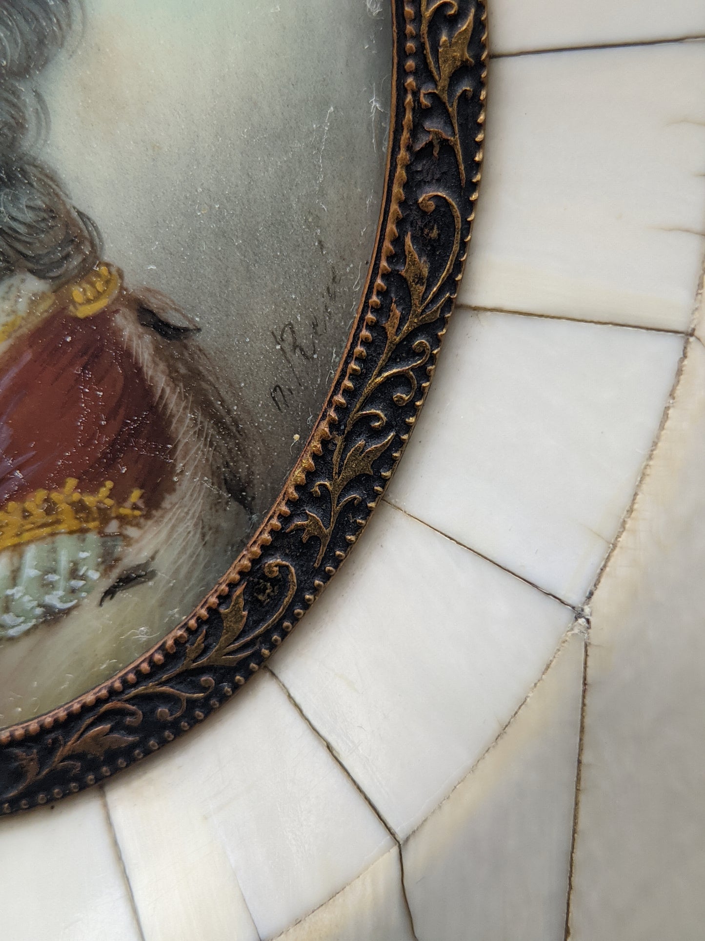 Antike Miniature Malerei Portrait einer Dame im Mosaikrahmen