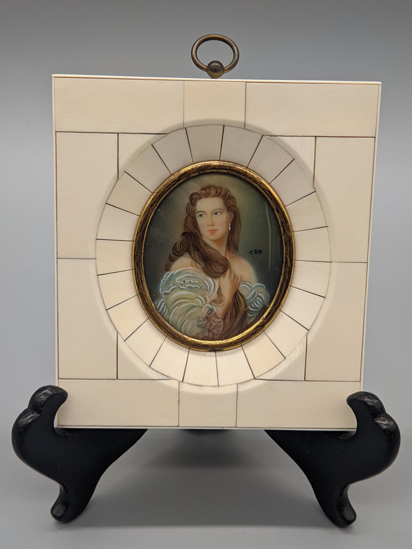 Antike Miniatur Malerei Portrait einer eleganten Dame