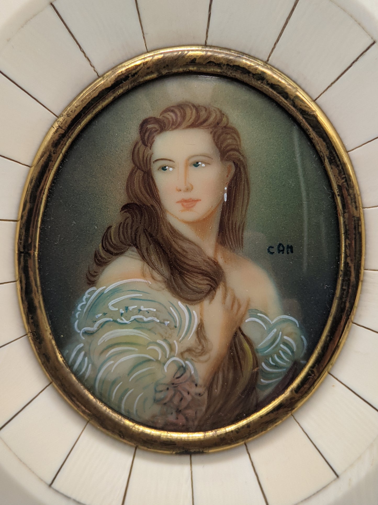 Antike Miniatur Malerei Portrait einer eleganten Dame
