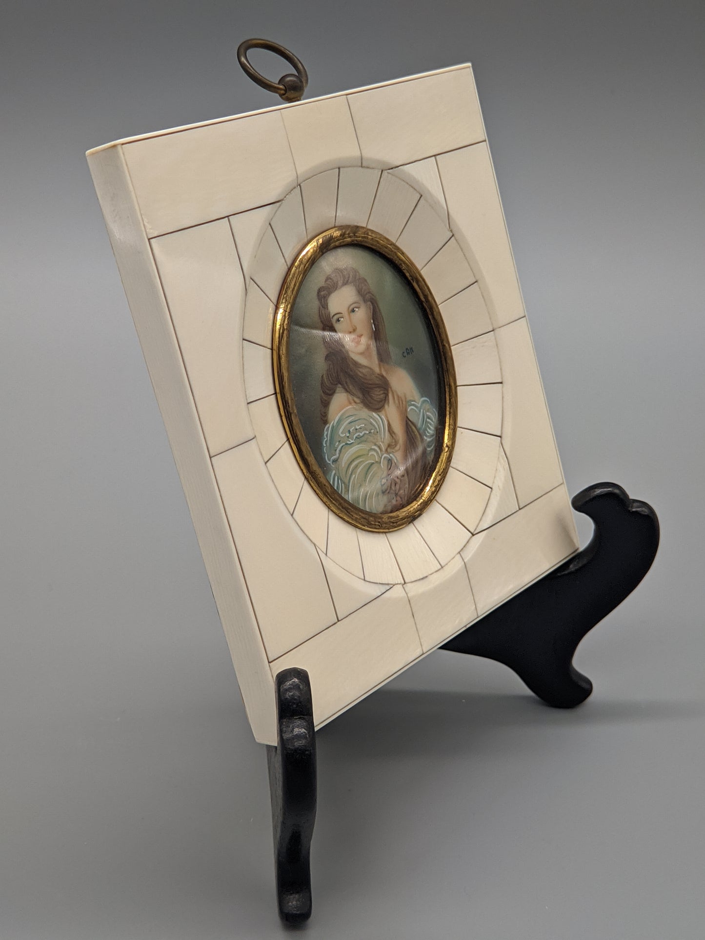Antike Miniatur Malerei Portrait einer eleganten Dame