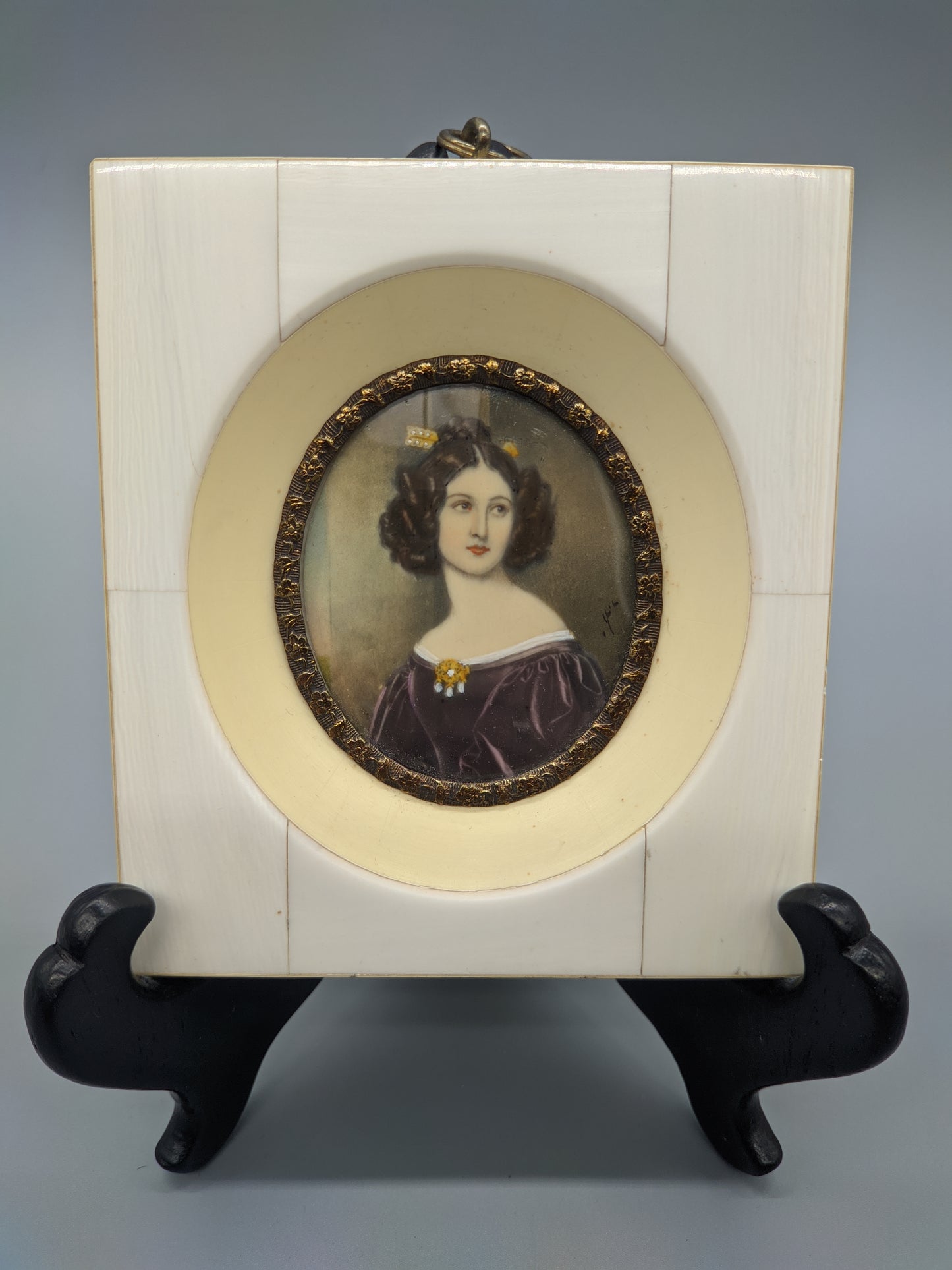 Antike Miniatur Biedermeier Dame im Rahmen Porträt Damen Bild