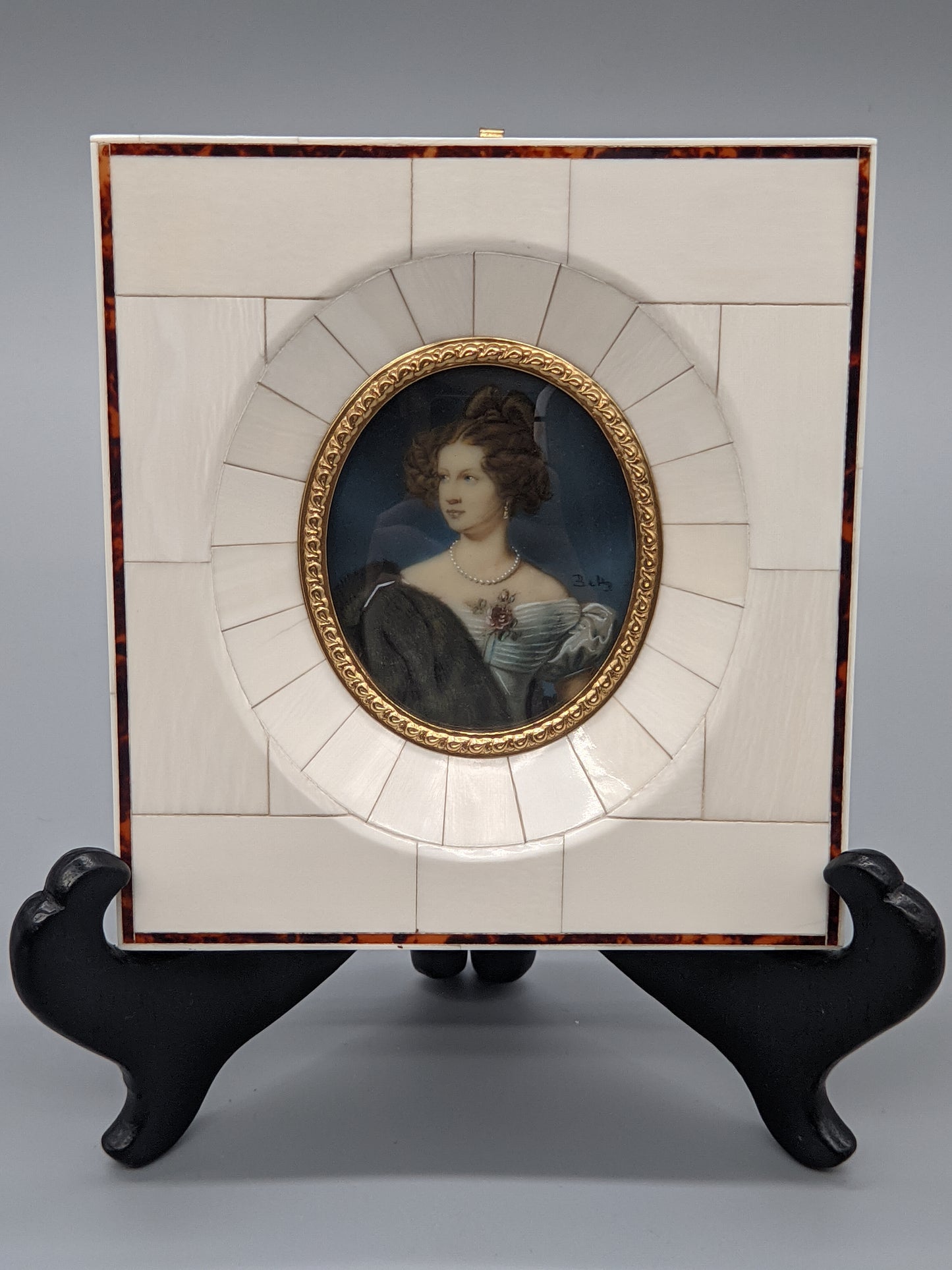 Antikes Miniatur Porträt einer Dame im Mosaikrahmen