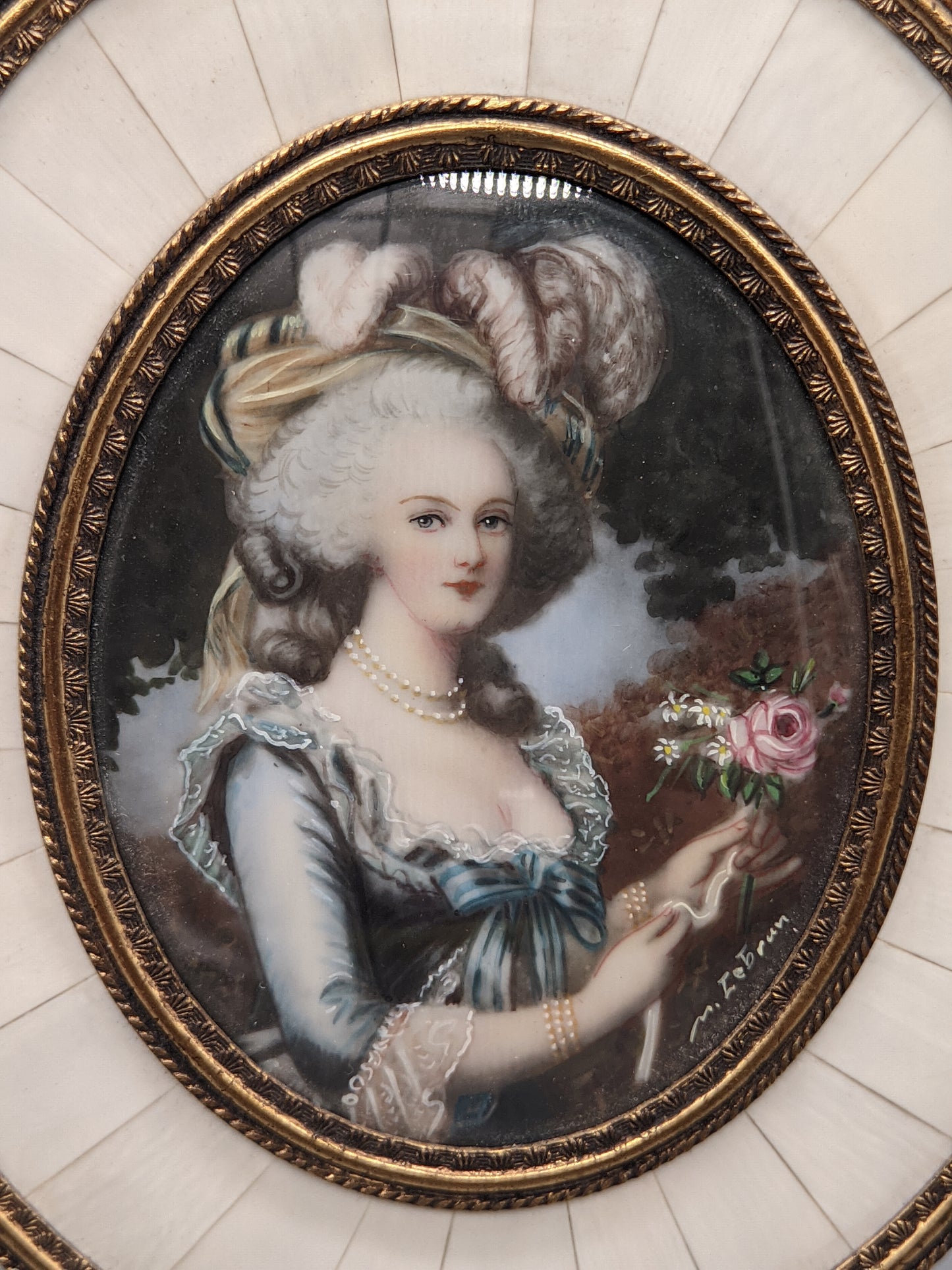 M. Lebrun (XIX) Bildnis einer edlen Dame mit Rose Miniaturgemälde