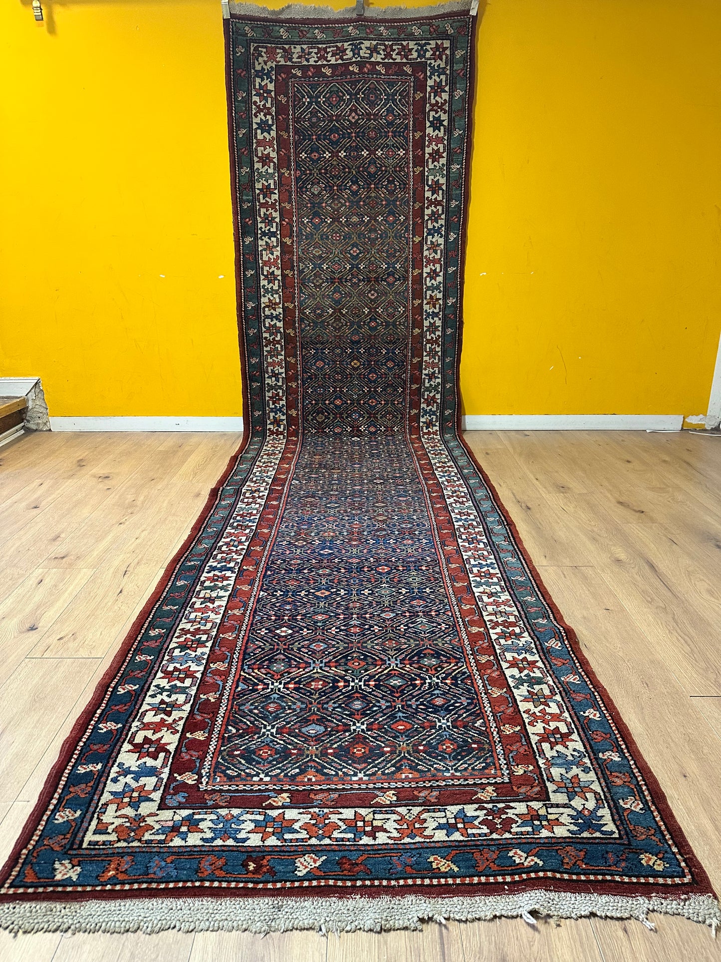 Orientteppich handgeknüpft Kazak Läufer 453x115 cm Wolle antik