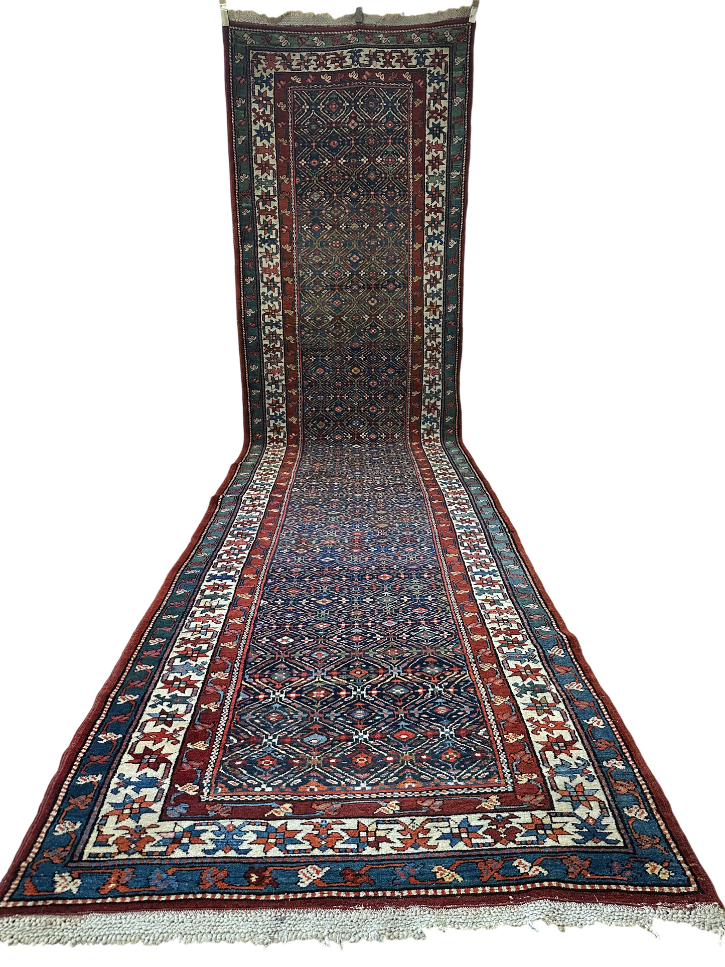 Orientteppich handgeknüpft Kazak Läufer 453x115 cm Wolle antik