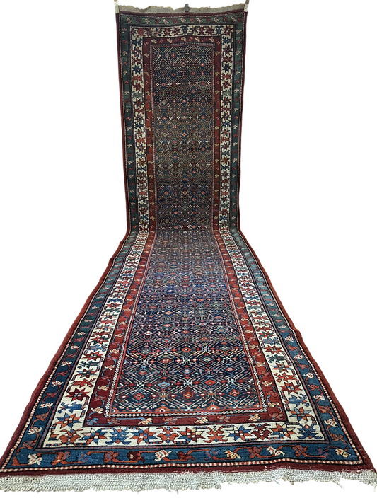 Orientteppich handgeknüpft Kazak Läufer 453x115 cm Wolle antik