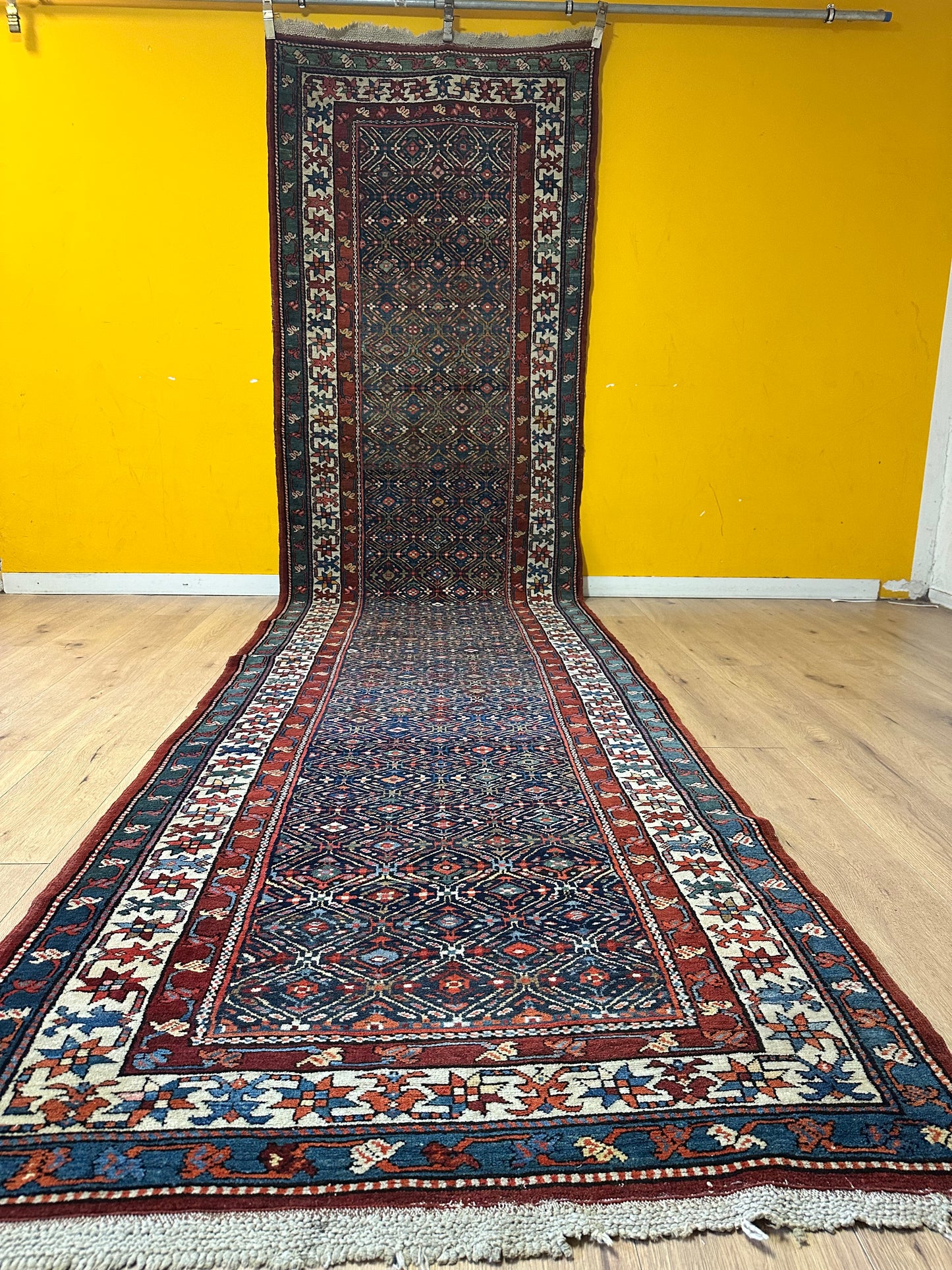 Orientteppich handgeknüpft Kazak Läufer 453x115 cm Wolle antik