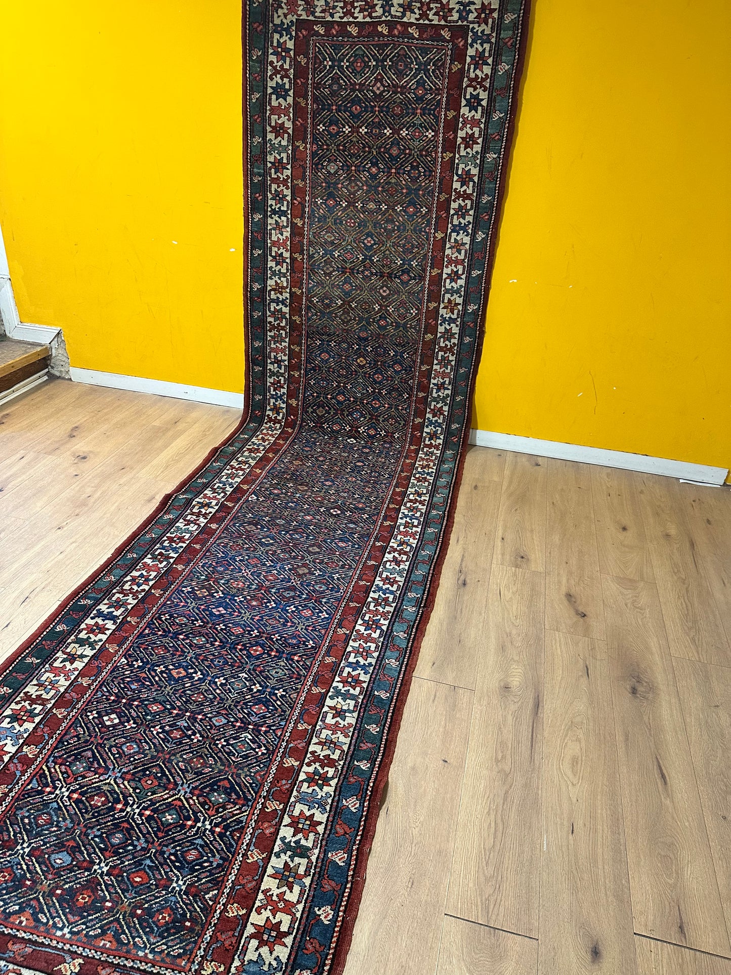 Orientteppich handgeknüpft Kazak Läufer 453x115 cm Wolle antik