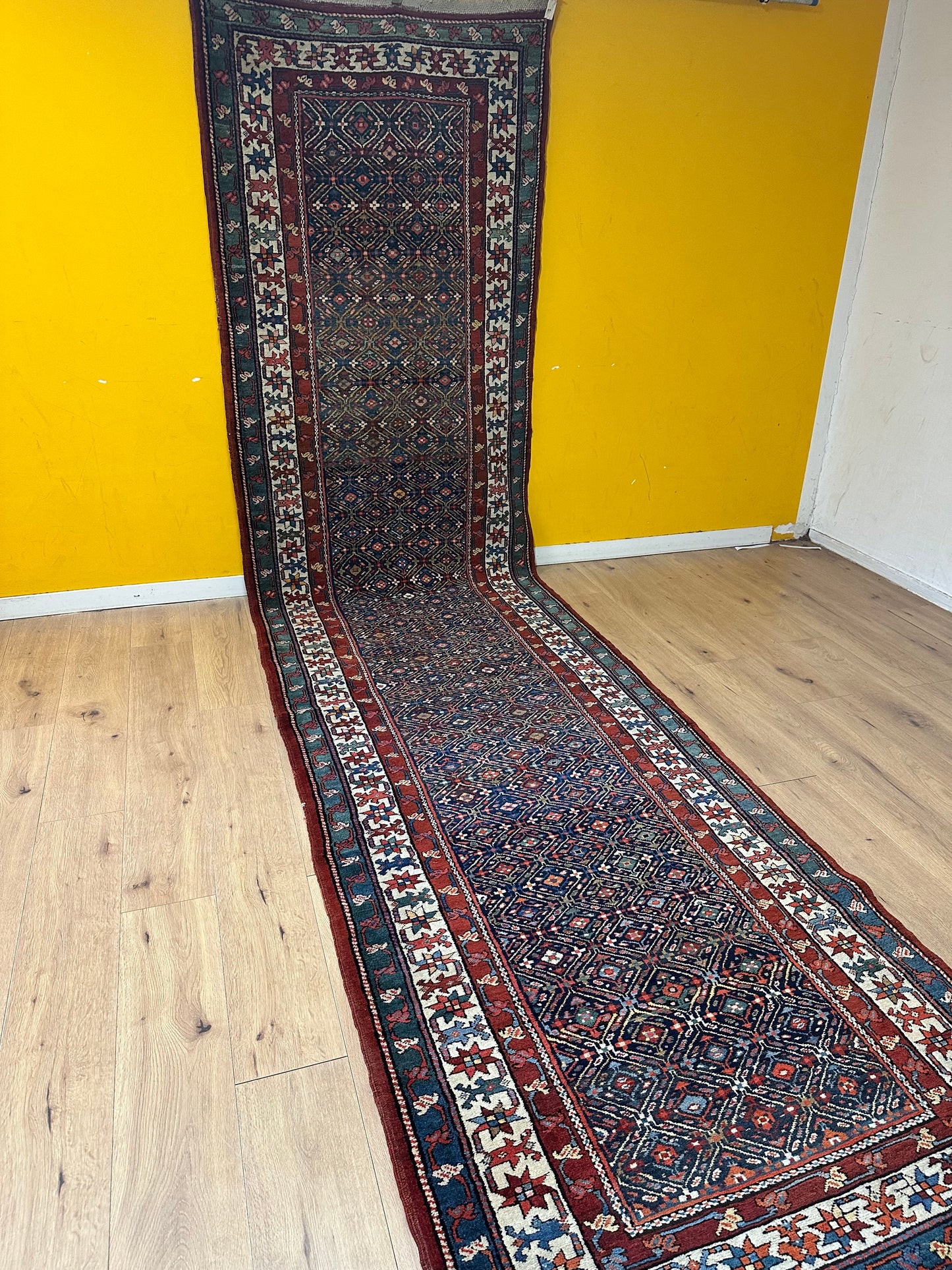 Orientteppich handgeknüpft Kazak Läufer 453x115 cm Wolle antik