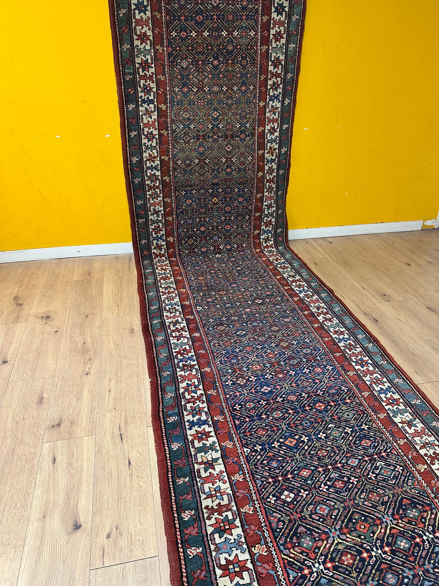 Orientteppich handgeknüpft Kazak Läufer 453x115 cm Wolle antik