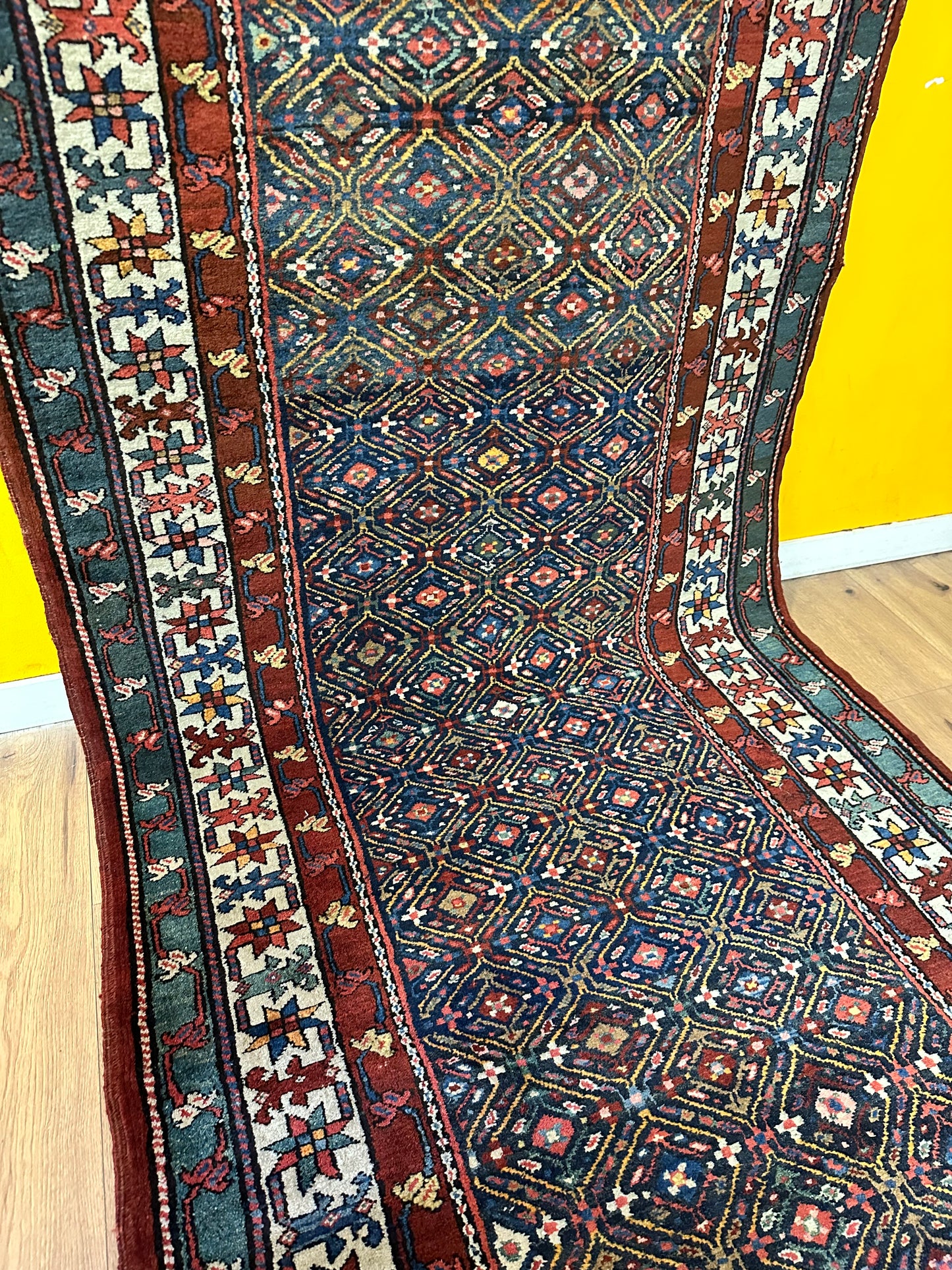 Orientteppich handgeknüpft Kazak Läufer 453x115 cm Wolle antik
