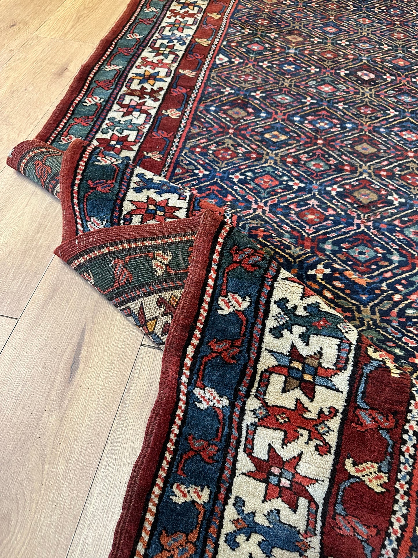 Orientteppich handgeknüpft Kazak Läufer 453x115 cm Wolle antik