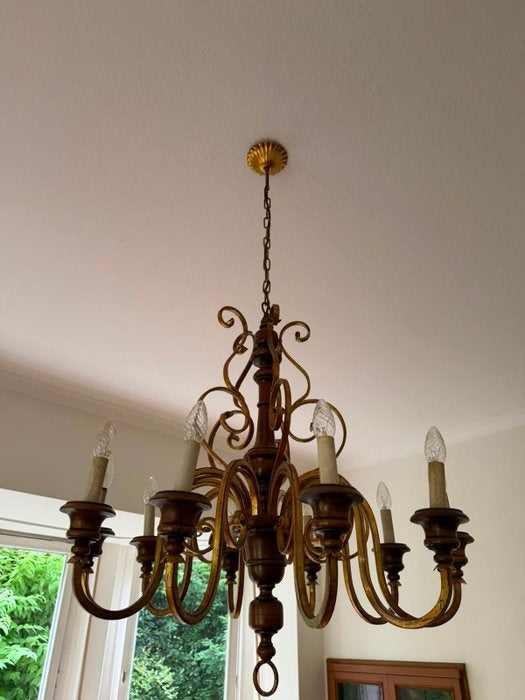 Kronleuchter Holz Metall Gold Florentiner Stil 8 flammig Deckenlampe Antik