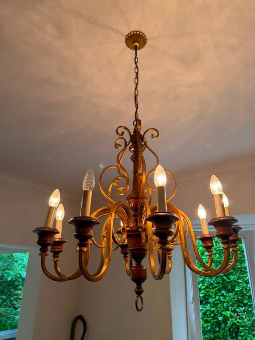 Kronleuchter Holz Metall Gold Florentiner Stil 8 flammig Deckenlampe Antik