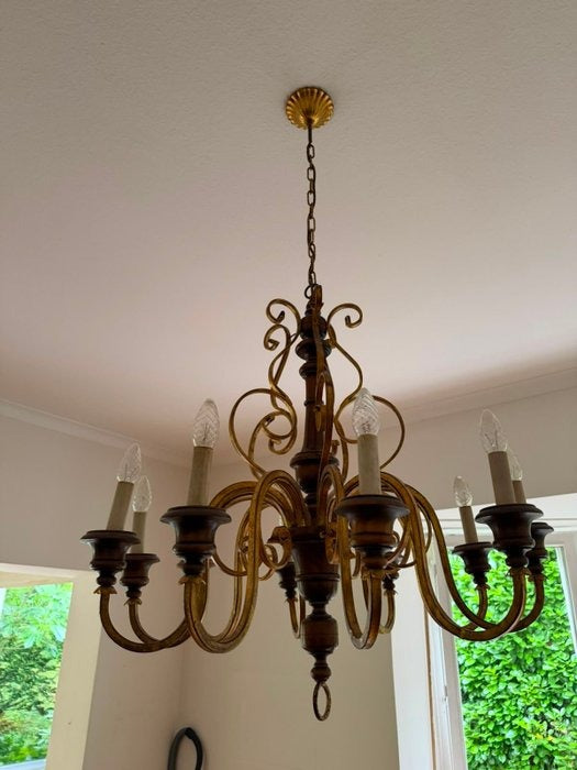 Kronleuchter Holz Metall Gold Florentiner Stil 8 flammig Deckenlampe Antik
