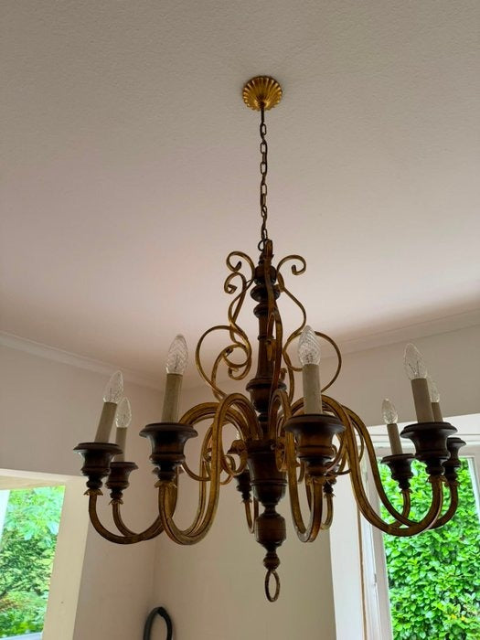 Kronleuchter Holz Metall Gold Florentiner Stil 8 flammig Deckenlampe Antik