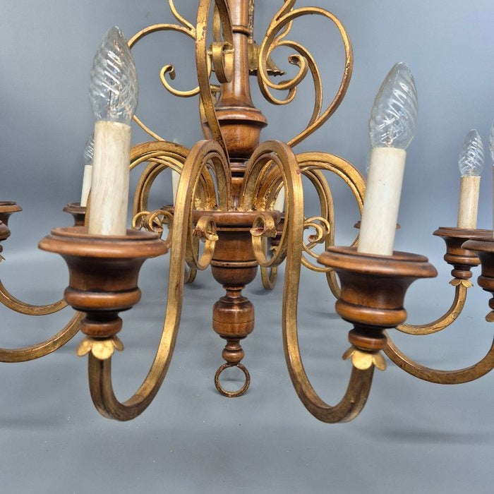 Kronleuchter Holz Metall Gold Florentiner Stil 8 flammig Deckenlampe Antik